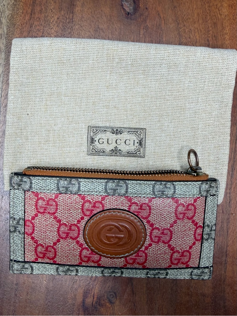 Gucci Pink GG Canvas Zip Card Pouch with Brown Leather Emblem